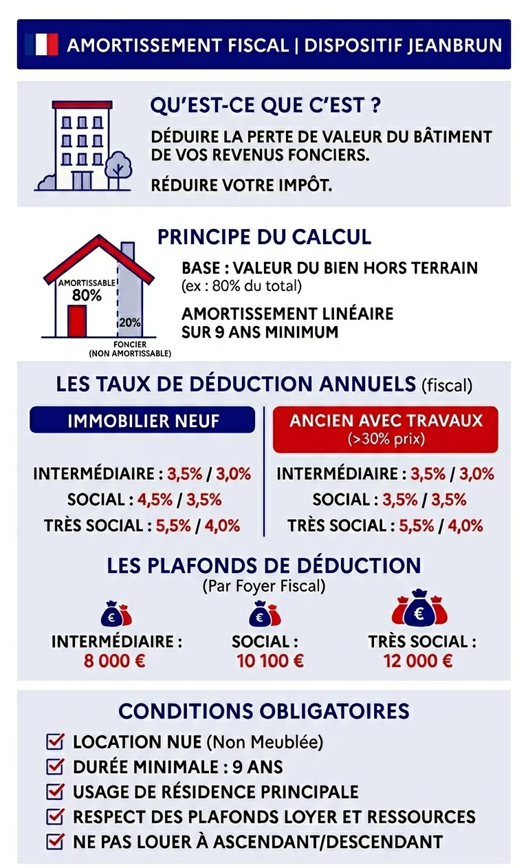 Schéma de l'amortissement loi Jeanbrun : taux, base de calcul et plafonds